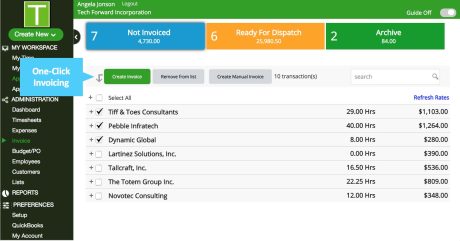 Screenshot of the invoice list to show the list of items ready for dispatch or not invoiced. TimeRewards has one click powerful invoicing process. 