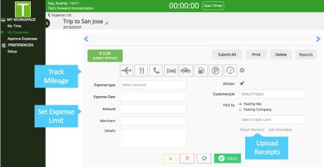 Screenshot of expense form in TimeRewards. Expense tracking, mileage tracking, upload receipts, set expense limit, submit expense